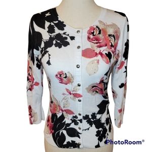 White House Black Market Embellished Floral Button-Down Sweater